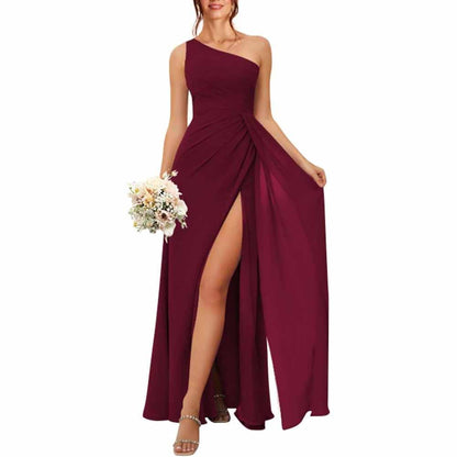 One Shoulder Bridesmaid Dresses with Pockes Long Ruched A Line Formal Dress with Slit
