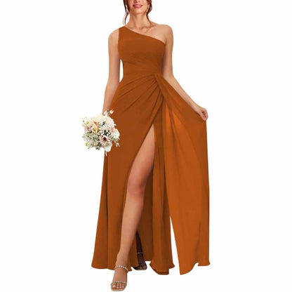 One Shoulder Bridesmaid Dresses with Pockes Long Ruched A Line Formal Dress with Slit