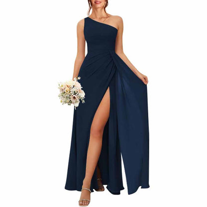One Shoulder Bridesmaid Dresses with Pockes Long Ruched A Line Formal Dress with Slit
