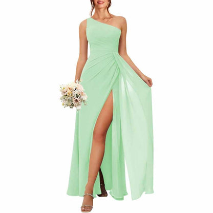 One Shoulder Bridesmaid Dresses with Pockes Long Ruched A Line Formal Dress with Slit