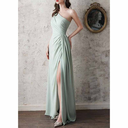 One Shoulder Bridesmaid Dresses with Pockes Long Ruched A Line Formal Dress with Slit