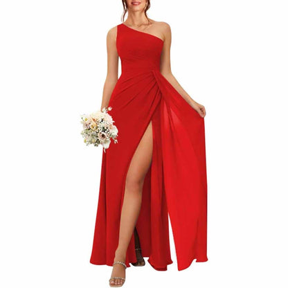 One Shoulder Bridesmaid Dresses with Pockes Long Ruched A Line Formal Dress with Slit