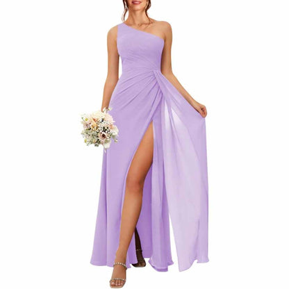 One Shoulder Bridesmaid Dresses with Pockes Long Ruched A Line Formal Dress with Slit