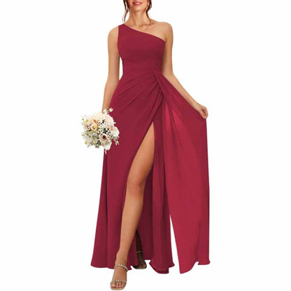 One Shoulder Bridesmaid Dresses with Pockes Long Ruched A Line Formal Dress with Slit