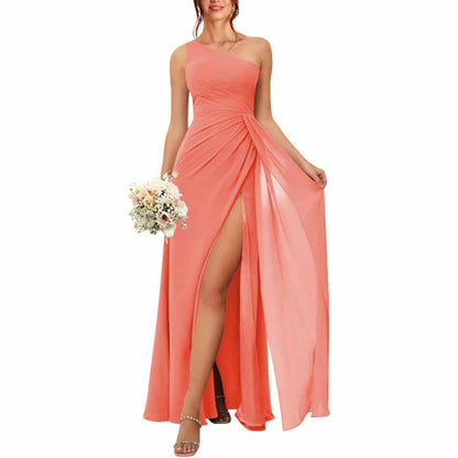 One Shoulder Bridesmaid Dresses with Pockes Long Ruched A Line Formal Dress with Slit