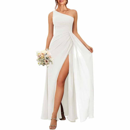 One Shoulder Bridesmaid Dresses with Pockes Long Ruched A Line Formal Dress with Slit