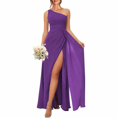 One Shoulder Bridesmaid Dresses with Pockes Long Ruched A Line Formal Dress with Slit
