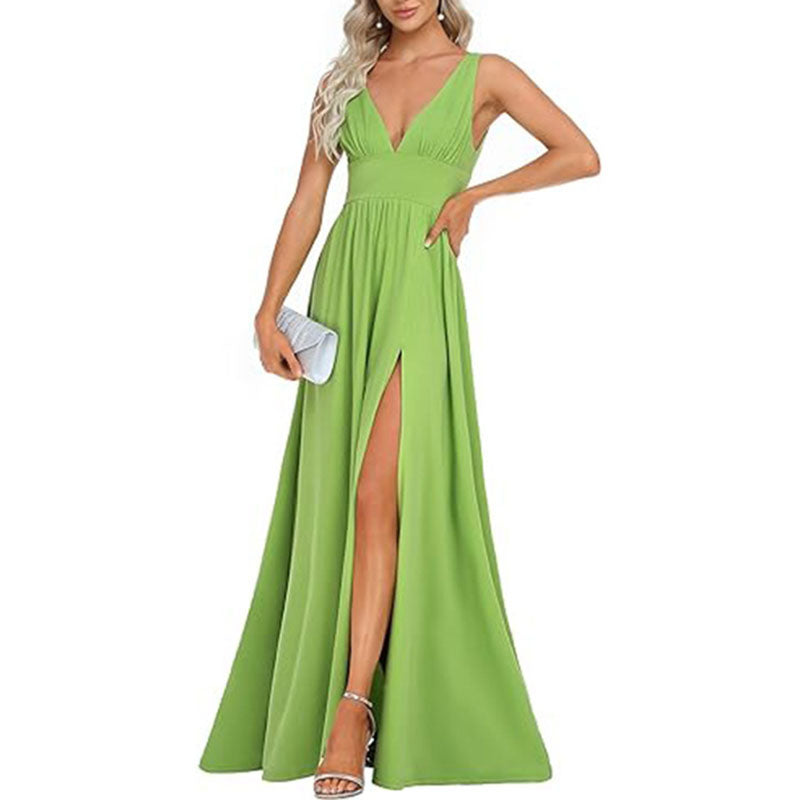 Sleeveless Prom Dress Split Long Bridesmaid Dress Chiffon Maxi Dress