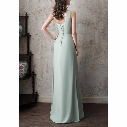 One Shoulder Bridesmaid Dresses with Pockes Long Ruched A Line Formal Dress with Slit