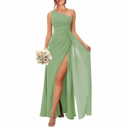 One Shoulder Bridesmaid Dresses with Pockes Long Ruched A Line Formal Dress with Slit