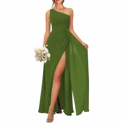One Shoulder Bridesmaid Dresses with Pockes Long Ruched A Line Formal Dress with Slit