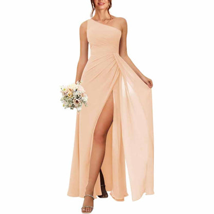 One Shoulder Bridesmaid Dresses with Pockes Long Ruched A Line Formal Dress with Slit