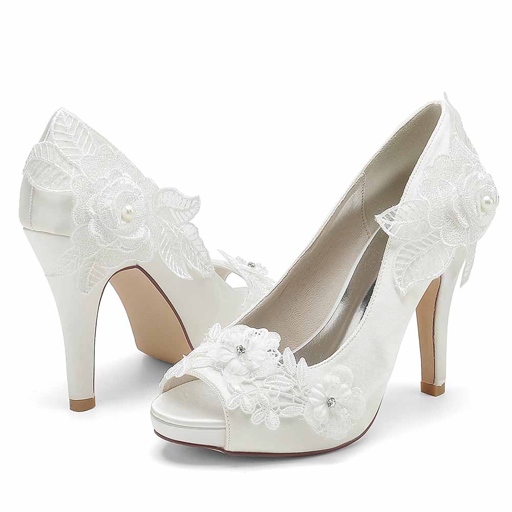Wedding Shoes Peep Toe Stiletto Lace Satin Bridal Heels