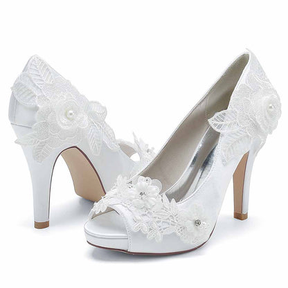 Wedding Shoes Peep Toe Stiletto Lace Satin Bridal Heels