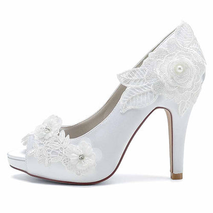 Wedding Shoes Peep Toe Stiletto Lace Satin Bridal Heels