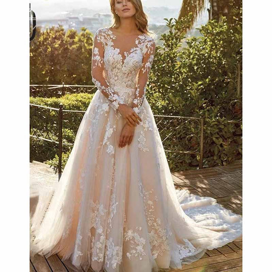 A-line Princess V Neck Long Sleeves Court Train Lace Wedding Dress With Appliqued