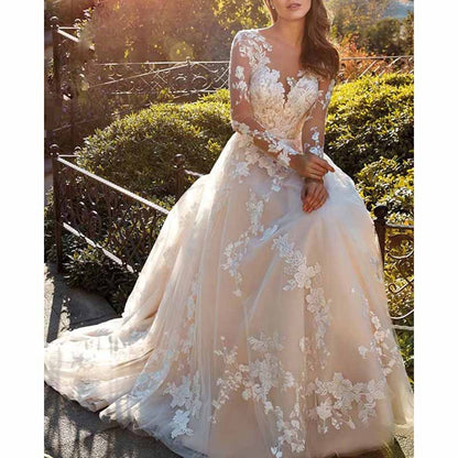 A-line Princess V Neck Long Sleeves Court Train Lace Wedding Dress With Appliqued