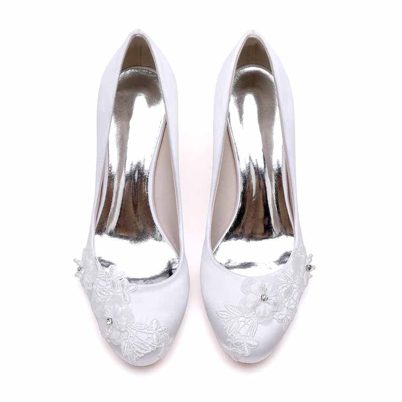 Bride Wedding Shoes Bridesmaid Closed Toe Round Toe White Ivory Satin Pumps