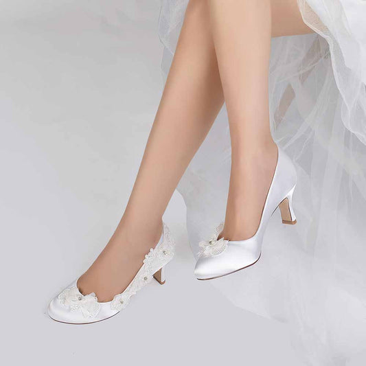 Wedding Shoes Flower Lace Wedding Heels Bridal Shoes Elegant Round Toe Wedding Shoes