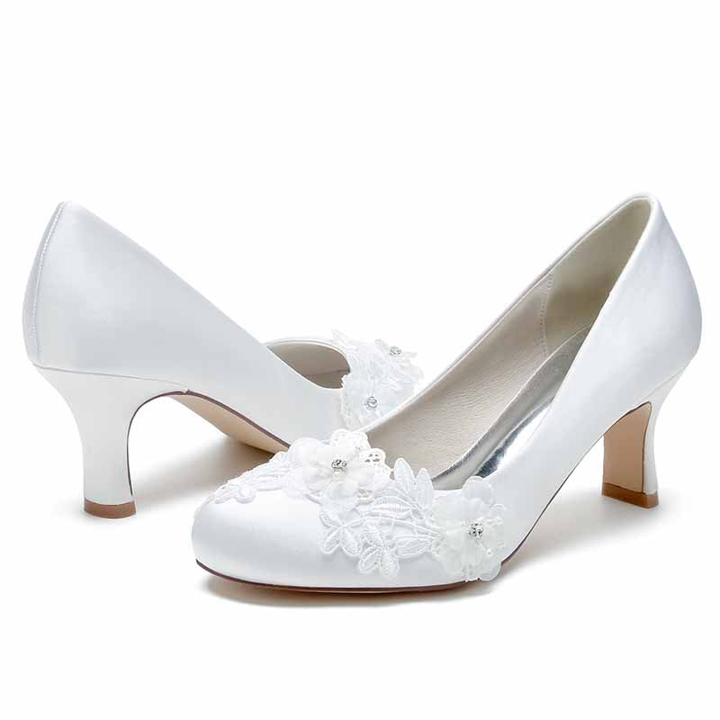 Bride Wedding Shoes Bridesmaid Closed Toe Round Toe White Ivory Satin Pumps