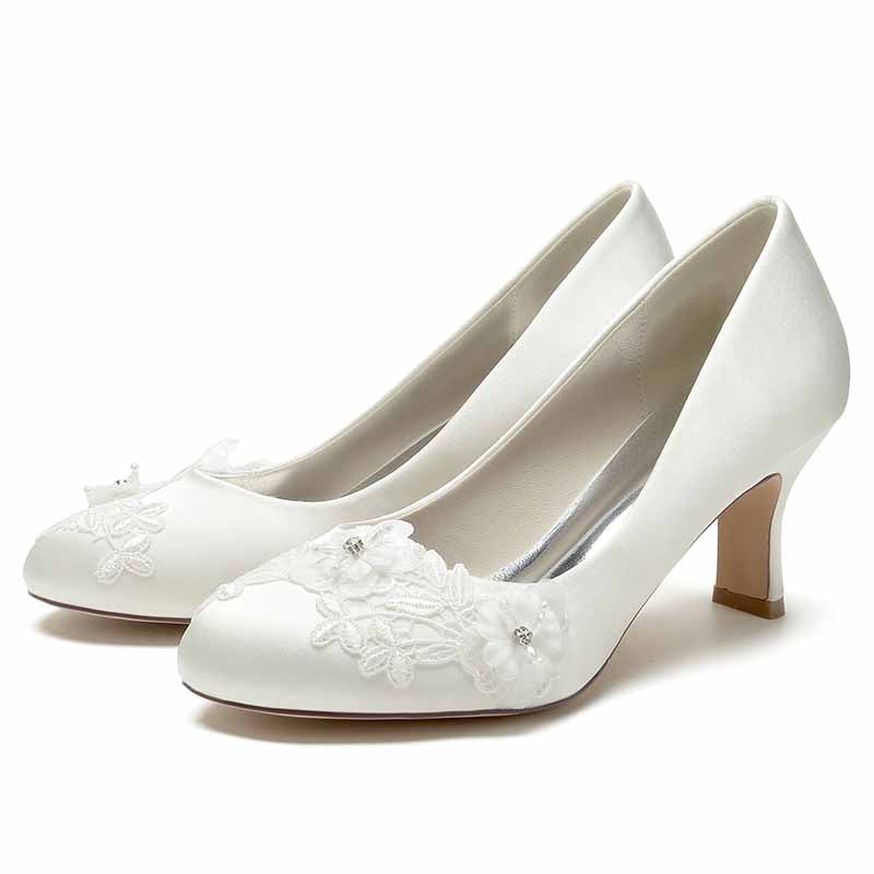 Bride Wedding Shoes Bridesmaid Closed Toe Round Toe White Ivory Satin Pumps