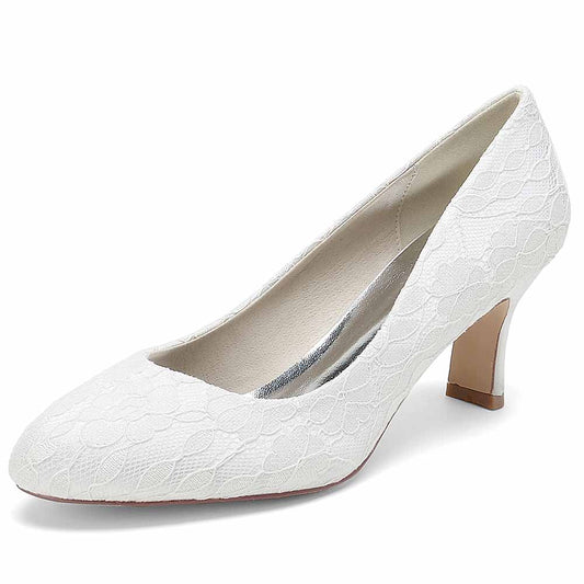 Wedding Kitten Heel Shoes Sandals Closed Toe Lace Slip on Pumps Bridal Shoes