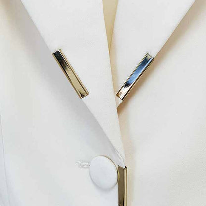 Women Cream/ Black One Button Pantsuit Metal Trim Fitted Blazer + Flare Trousers Pants Suit Wedding Suit