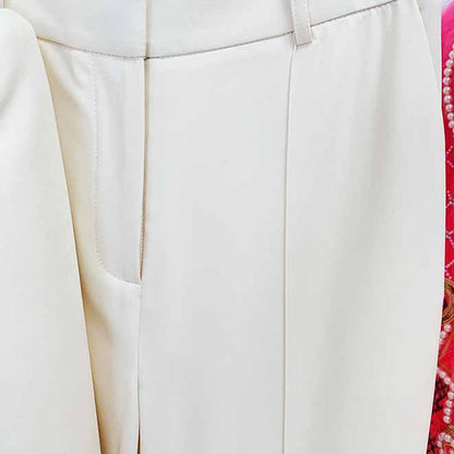 Women Cream/ Black One Button Pantsuit Metal Trim Fitted Blazer + Flare Trousers Pants Suit Wedding Suit