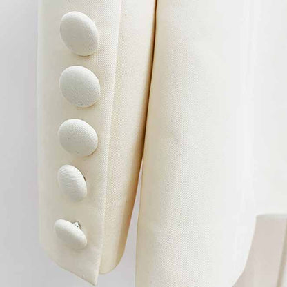 Women Cream/ Black One Button Pantsuit Metal Trim Fitted Blazer + Flare Trousers Pants Suit Wedding Suit