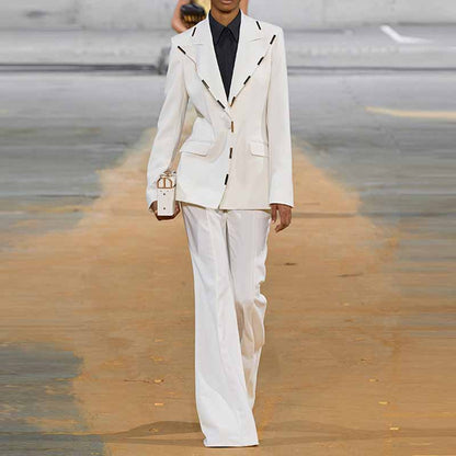 Women Cream/ Black One Button Pantsuit Metal Trim Fitted Blazer + Flare Trousers Pants Suit Wedding Suit