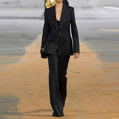 Women Cream/ Black One Button Pantsuit Metal Trim Fitted Blazer + Flare Trousers Pants Suit Wedding Suit