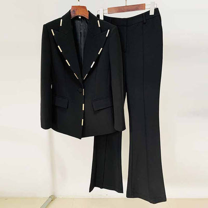 Women Cream/ Black One Button Pantsuit Metal Trim Fitted Blazer + Flare Trousers Pants Suit Wedding Suit