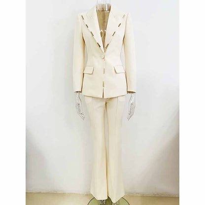 Women Cream/ Black One Button Pantsuit Metal Trim Fitted Blazer + Flare Trousers Pants Suit Wedding Suit