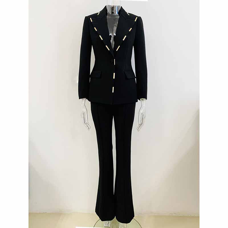 Women Cream/ Black One Button Pantsuit Metal Trim Fitted Blazer + Flare Trousers Pants Suit Wedding Suit