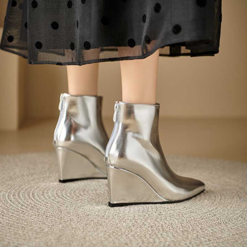 Pointed Wedge Heeled Patent Leather Ankle Boots