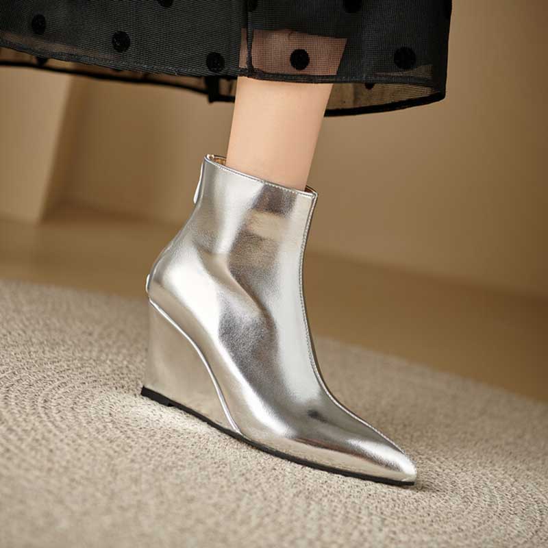 Pointed Wedge Heeled Patent Leather Ankle Boots