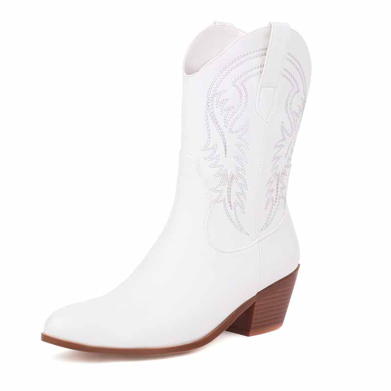 White mid-calf western boots chunky heel with detailed stitching for stylish comfort