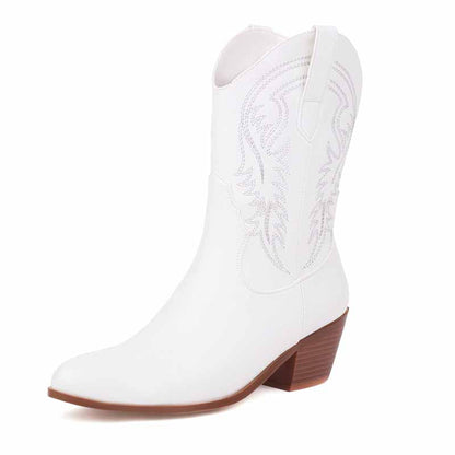 White mid-calf western boots chunky heel with detailed stitching for stylish comfort
