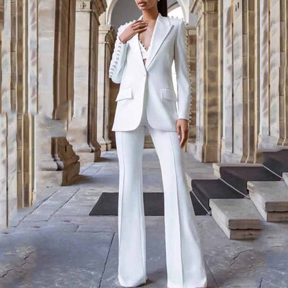 Women White fitted Blazer + Mid-High Rise Flare Trousers Suit Pantsuit