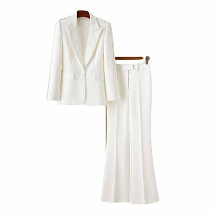 Women White fitted Blazer + Mid-High Rise Flare Trousers Suit Pantsuit