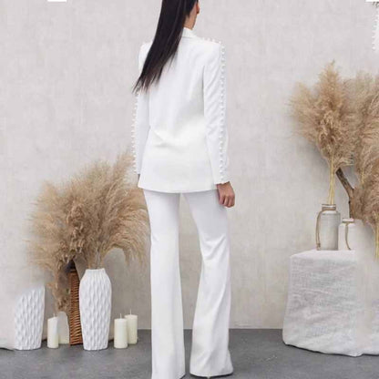 Women White fitted Blazer + Mid-High Rise Flare Trousers Suit Pantsuit