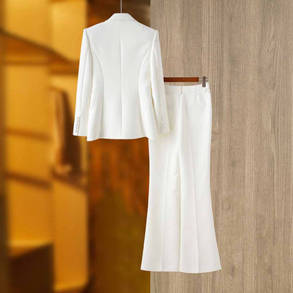 Women White fitted Blazer + Mid-High Rise Flare Trousers Suit Pantsuit