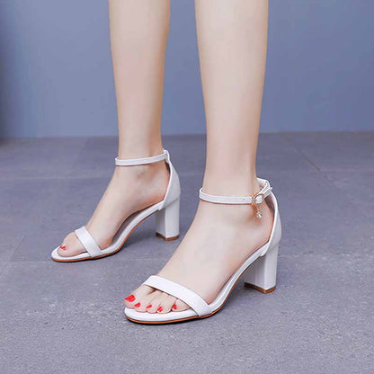 S&DCo. white ankle strap chunky heels with a stylish design and comfortable fit