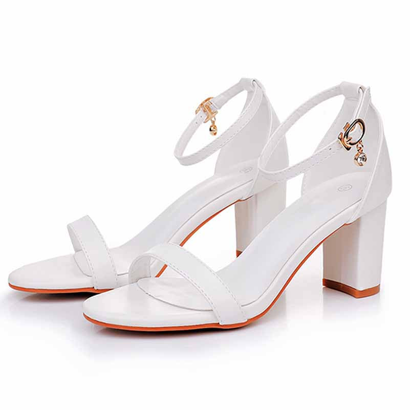 White ankle strap chunky heels from S&DCo with stylish design and comfortable fit