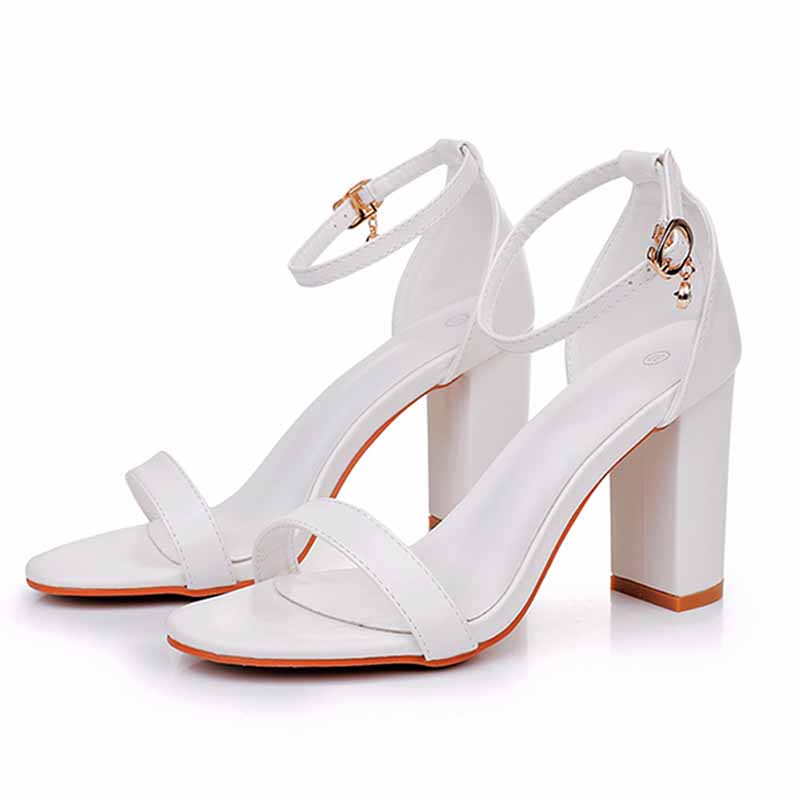 S&DCo. white ankle strap chunky heels with stylish design and sturdy block heels