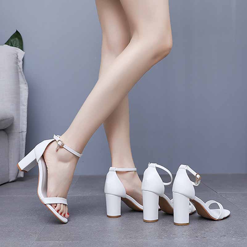 S&DCo. white ankle strap chunky heels for stylish and comfortable all-day wear