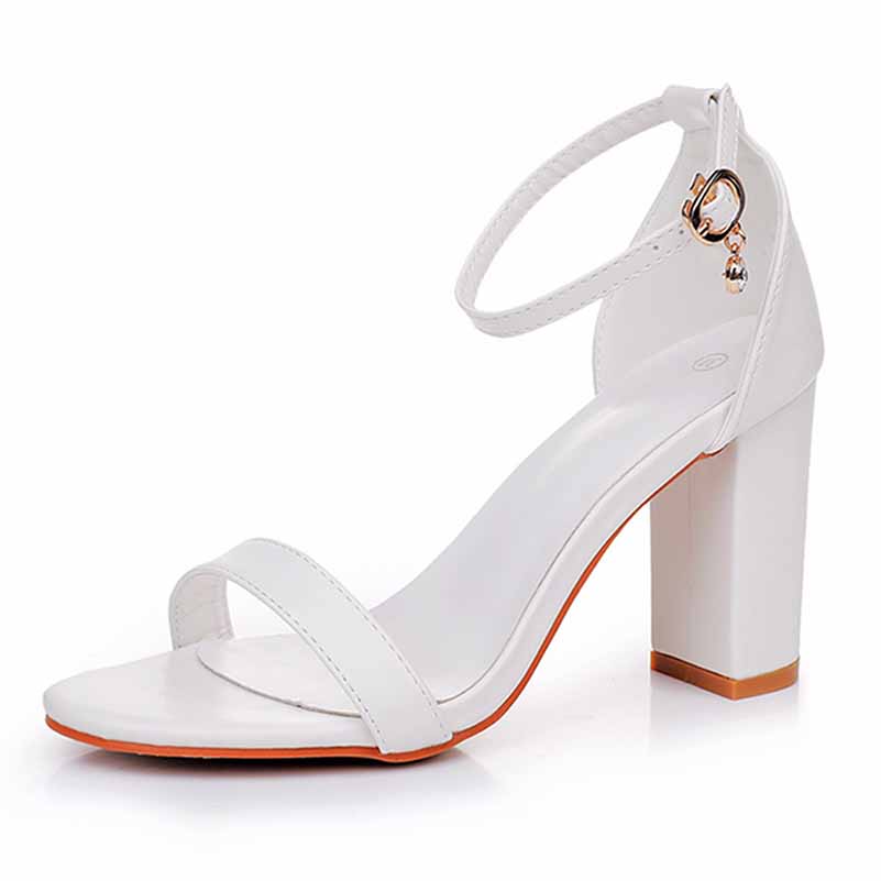 S&DCo. White ankle strap chunky heels with a stylish design and comfortable fit