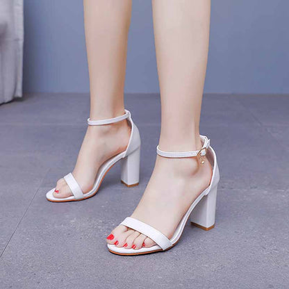 White ankle strap chunky heels by S&DCo. perfect for stylish and comfortable looks