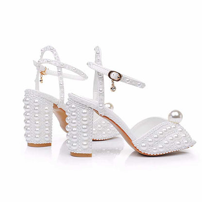 White Chunky Wedding Sandals with Pearl Detail and Ankle Strap for Bridal Style