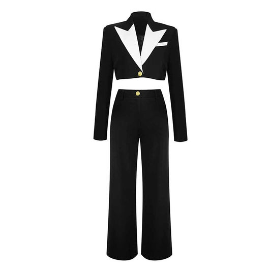 Elegant black and white collar two piece pantsuit with stylish crop blazer and wide-leg trousers